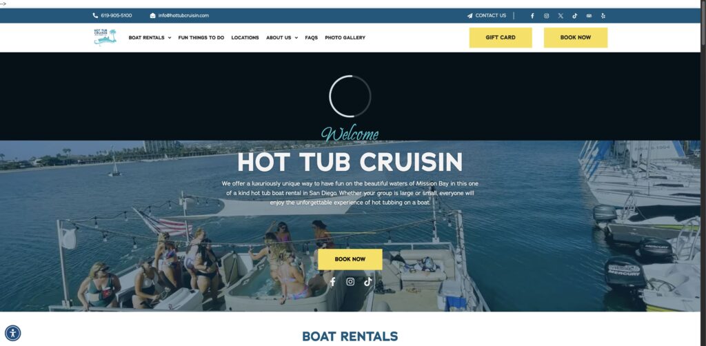 Website screenshot of Hot Tub Cruisin - Water sports rental companies in 1010 Santa Clara Pl