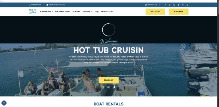Website screenshot of Hot Tub Cruisin - Water sports rental companies in 1010 Santa Clara Pl
