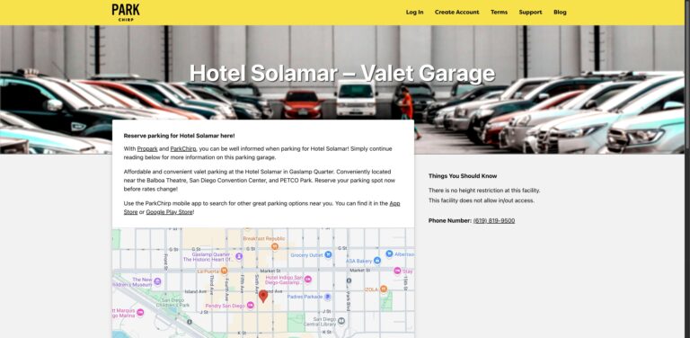 Website screenshot of Hotel Solamar Valet Garage - ParkChirp - Parking Facilities in 417 Sixth Ave