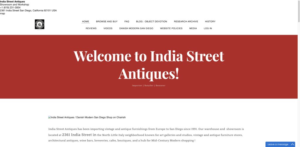 Website screenshot of India Street Antiques - Antique and vintage stores in 2361 India St