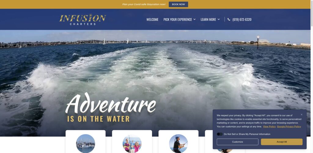 Website screenshot of Infusion Charters - Fishing charters in 640 Marina Pkwy