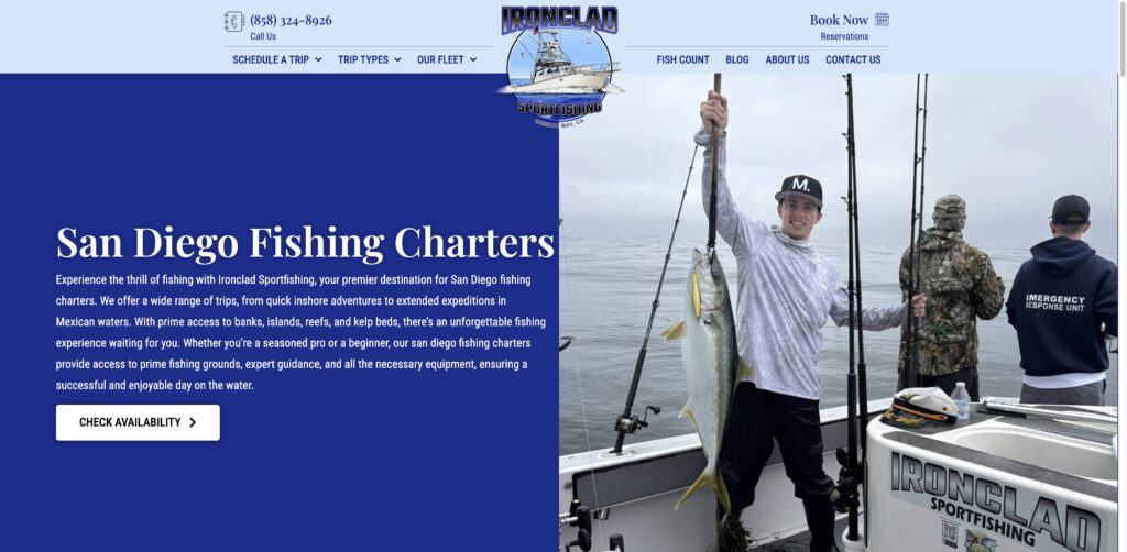 Website screenshot of Ironclad Sportfishing - Fishing charters in 1677 Quivira Rd