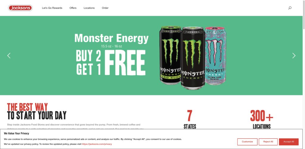 Website screenshot of Jacksons Food Stores - Grocery stores and convenience stores in 633 Birmingham Dr
