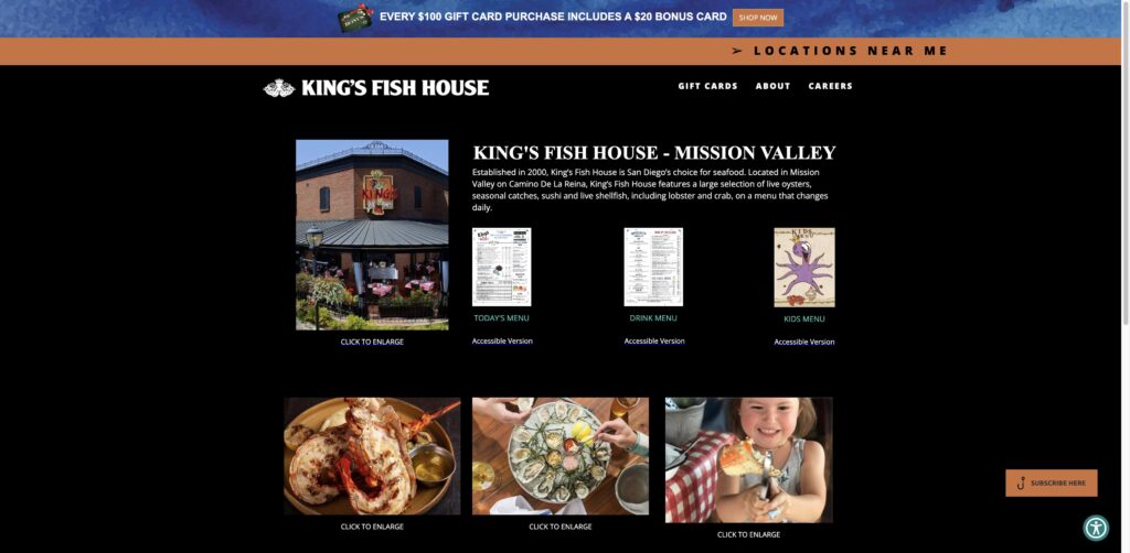 Website screenshot of King's Fish House - Seafood restaurants in 825 Camino De La Reina