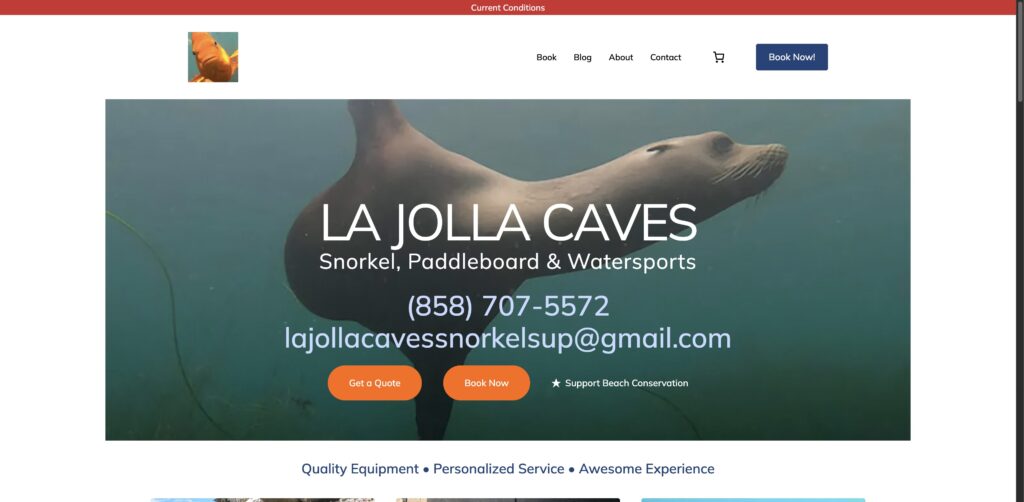 Website screenshot of La Jolla Caves Snorkel & Paddleboard Tours and Rentals - Water sports rental companies in 1160 Coast Blvd