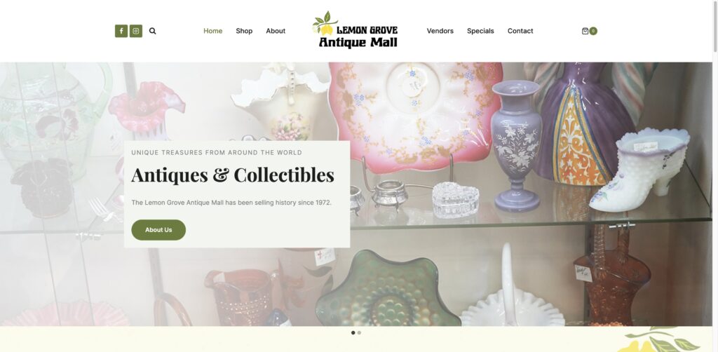 Website screenshot of Lemon Grove Antique Mall - Antique and vintage stores in 7919 Broadway