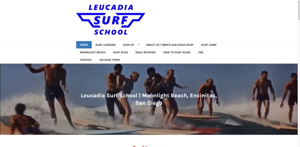 Website screenshot of Leucadia Surf School - Surf schools and instructors in 400 B St
