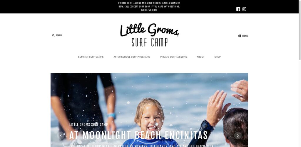 Website screenshot of Little Groms Surf Camp - Surf schools and instructors in Moonlight Beach