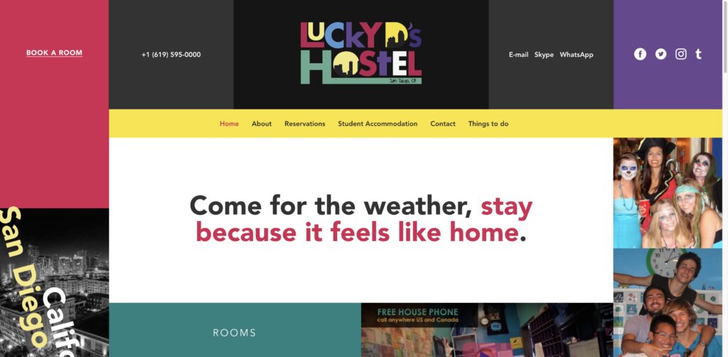 Website screenshot of Lucky D's Hostel San Diego - hostels in 615 Eighth Ave