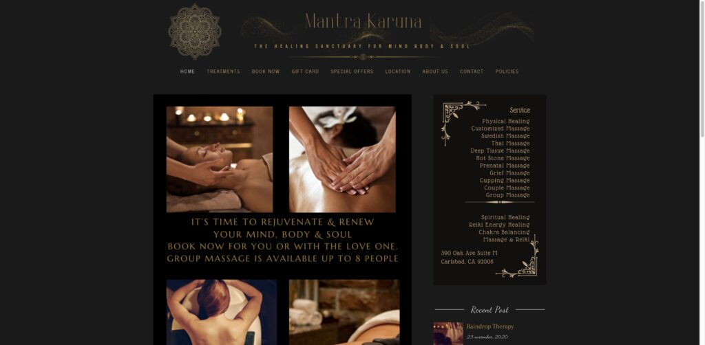 Website screenshot of Mantra Karuna Massage Therapy & Reiki Energy Healing - Massage and wellness centers in 390 Oak Ave Suite M