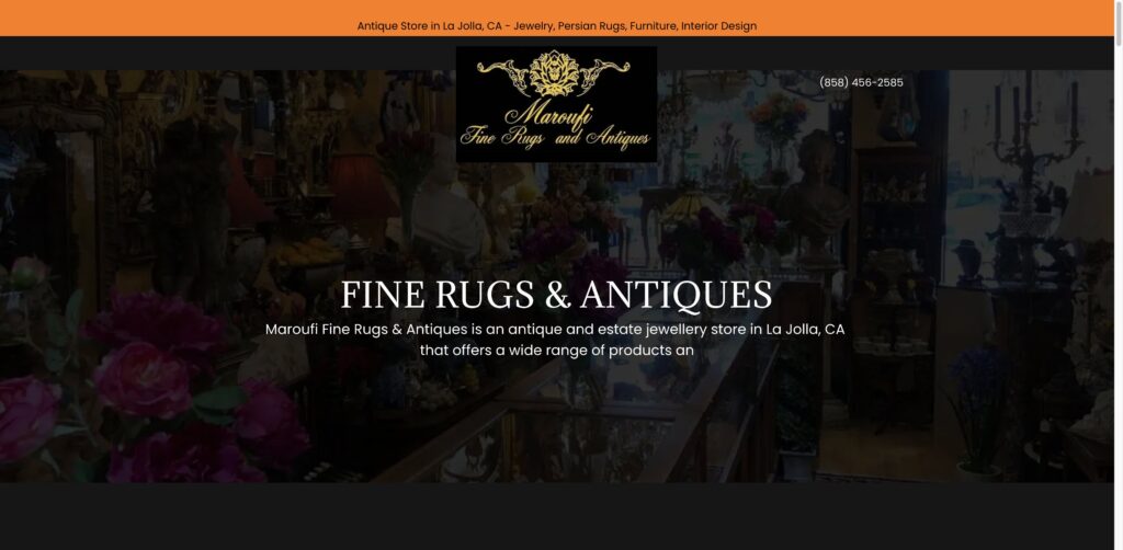 Website screenshot of Maroufi Fine Rugs & Antiques - Antique and vintage stores in 7629 Girard Ave