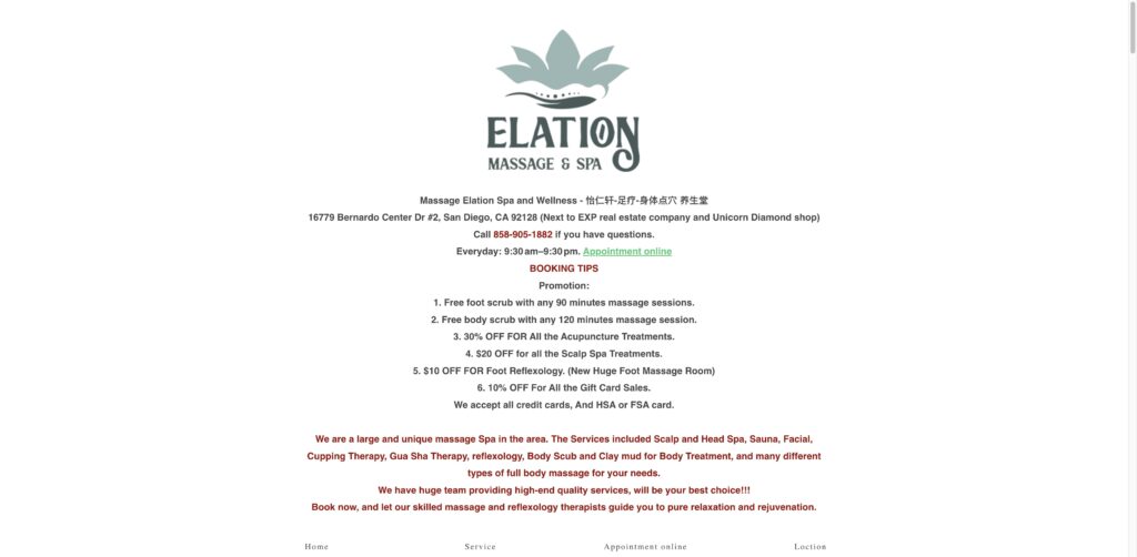 Website screenshot of MASSAGE ELATION SPA AND WELLNESS (FOOT & BODYWORK