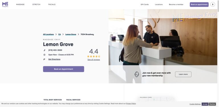 Website screenshot of Massage Envy - Massage and wellness centers in 7034 Broadway