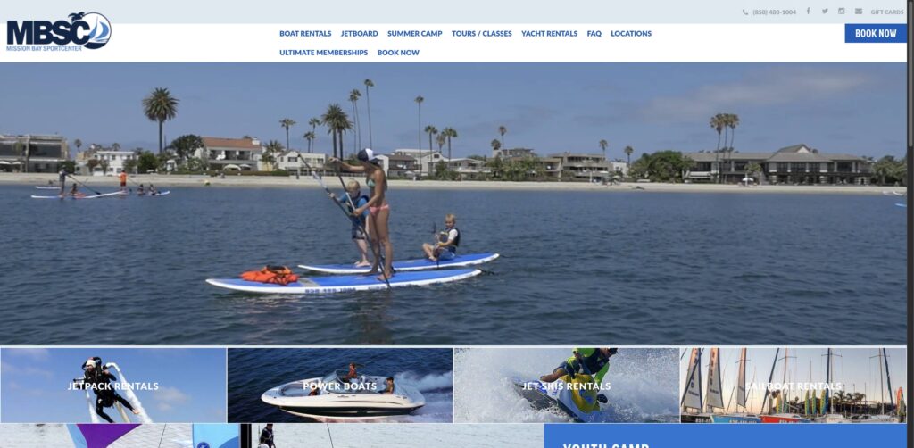 Website screenshot of Mission Bay Sportcenter - Water sports rental companies in 844 W Mission Bay Dr
