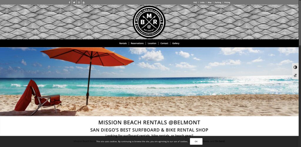 Website screenshot of Mission Beach Rentals - Bike and beach equipment rentals in 3136 Mission Blvd Suite D
