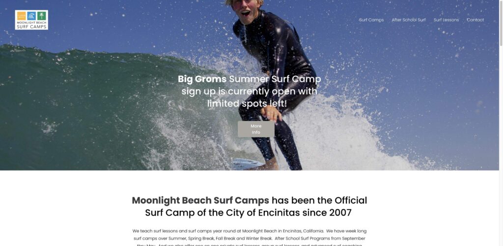 Website screenshot of Moonlight Beach Surf Camps - Surf schools and instructors in 215 W D St