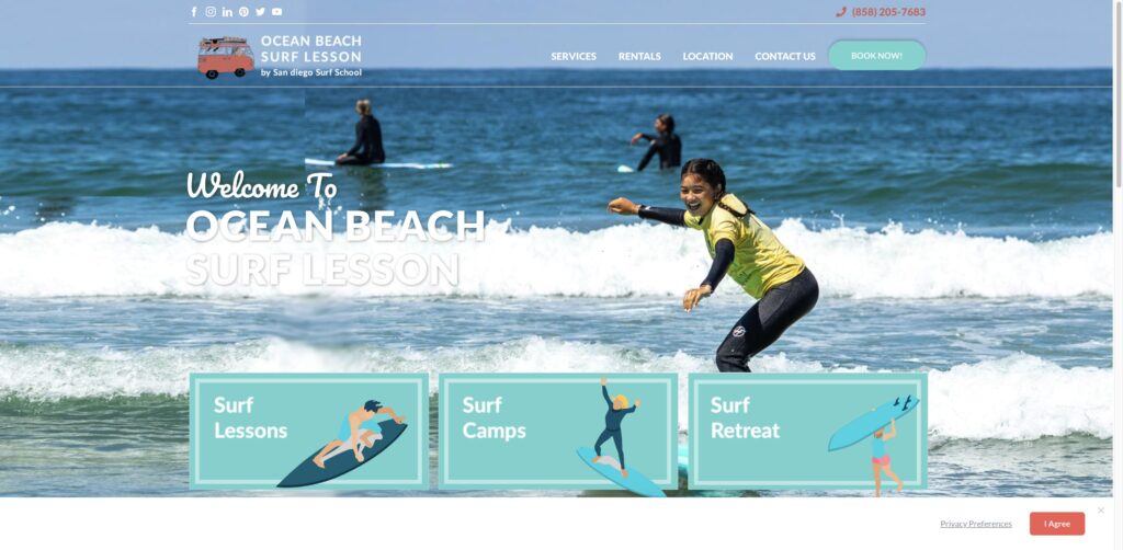 Website screenshot of Ocean Beach Surf Lesson - Surf schools and instructors in 5022 Santa Monica Ave
