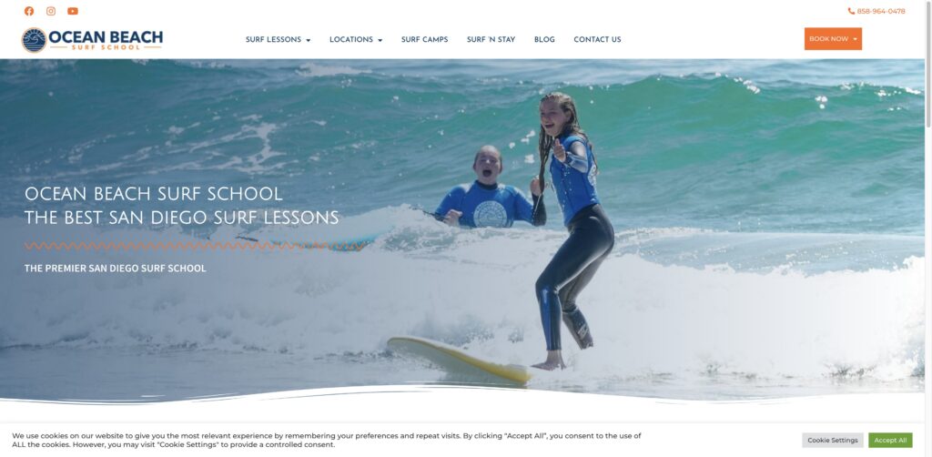 Website screenshot of Ocean Beach Surf School | Surf Lessons - Surf schools and instructors in Lifeguard Hut Tower