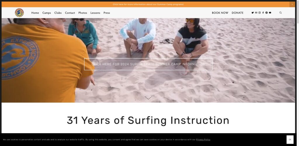 Website screenshot of Ocean Experience Surf School - Surf schools and instructors in 4940 Newport Ave