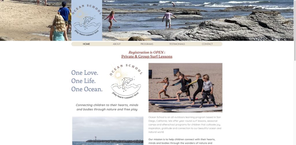 Website screenshot of Ocean School (is Cool) - Surf schools and instructors in 4649 Voltaire St #16