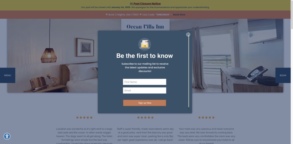 Website screenshot of Ocean Villa Inn - Bed & breakfasts in 5142 W Point Loma Blvd