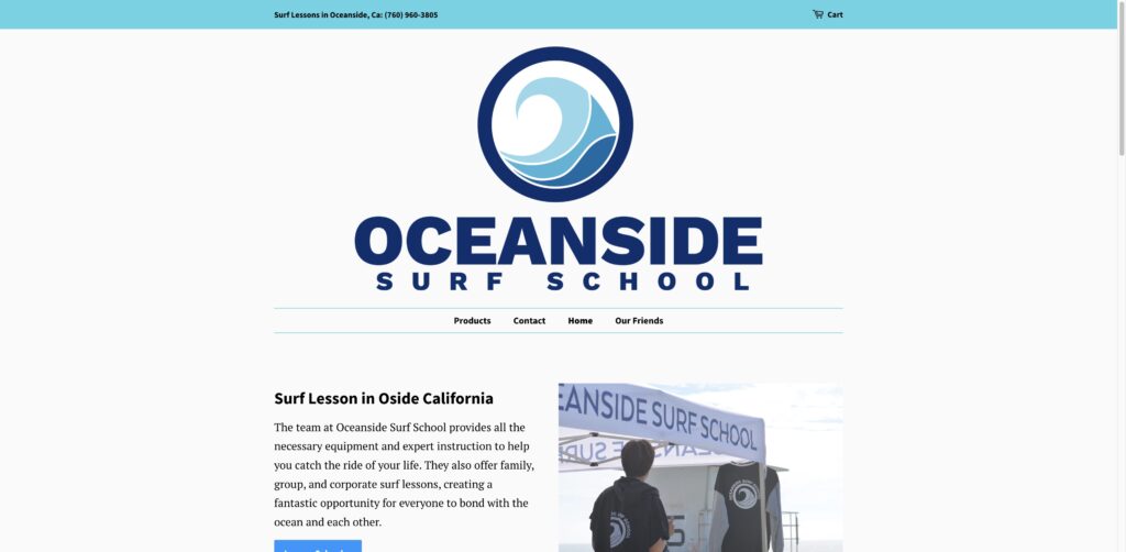 Website screenshot of Oceanside Surf School - Surf schools and instructors in Tyson St park