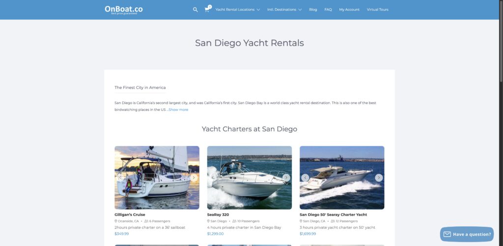 Website screenshot of OnBoat Inc. - Water sports rental companies in 501 W Broadway Ste. 800