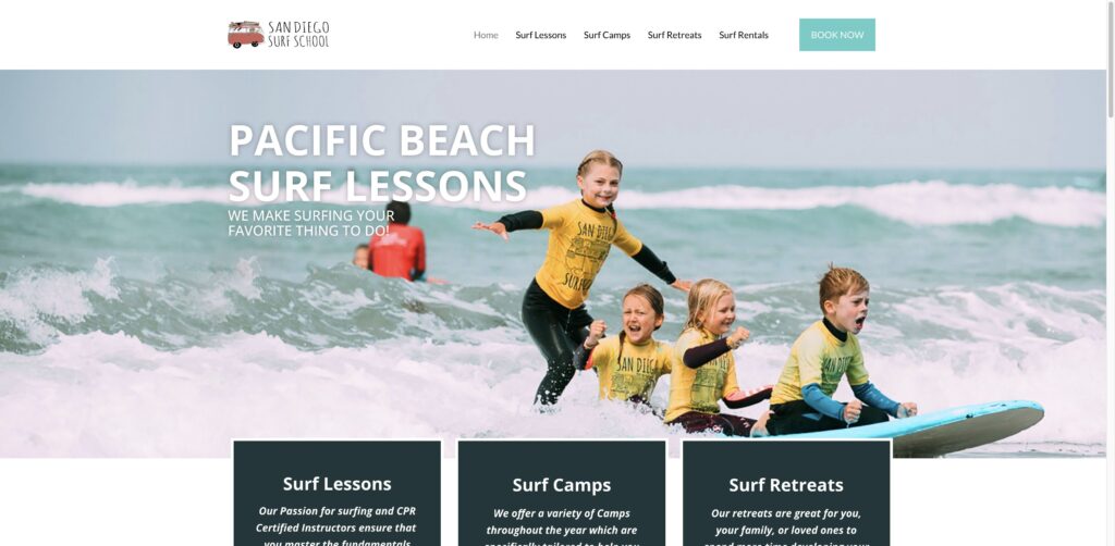 Website screenshot of Pacific Beach Surf School - Surf schools and instructors in 4850 Cass St