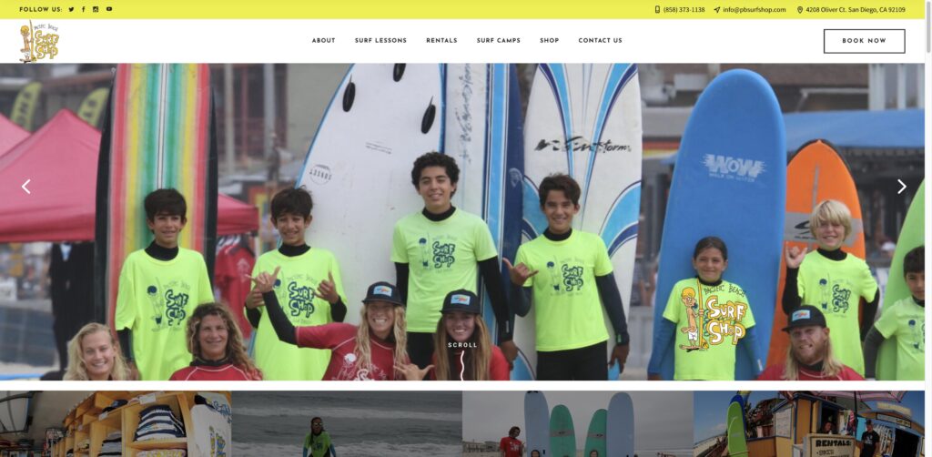 Website screenshot of Pacific Beach Surf Shop | San Diego Surf Lessons - Surf schools and instructors in 4208 Oliver Ct