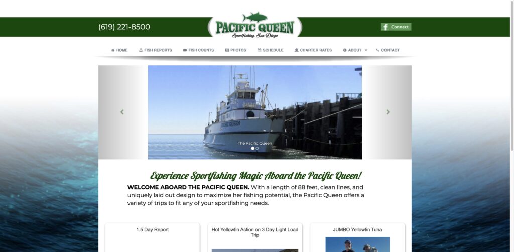 Website screenshot of Pacific Queen Sportfishing - Fishing charters in 2838 Garrison St