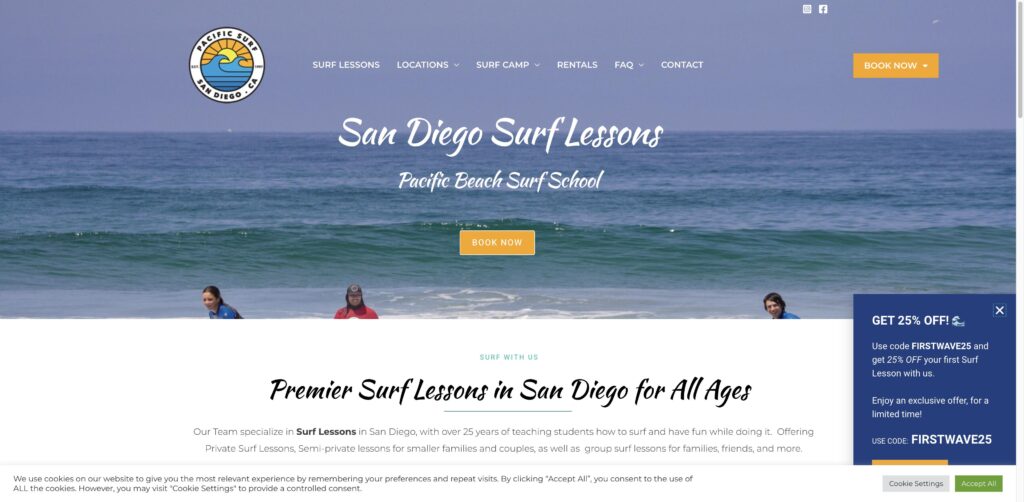 Website screenshot of PB Surf School - Surf schools and instructors in 707 Pacific Beach Dr