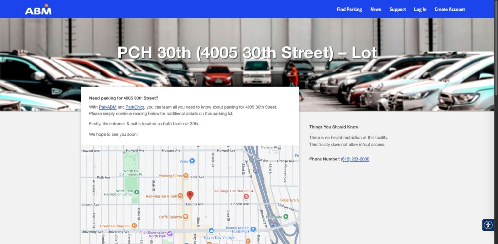 Website screenshot of PCH 30th Parking Lot - Parking Facilities in 4005 30th St