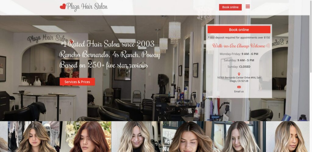 Website screenshot of Plaza Hair Salon - Hair salons and beauty services in 16769 Bernardo Center Dr K4