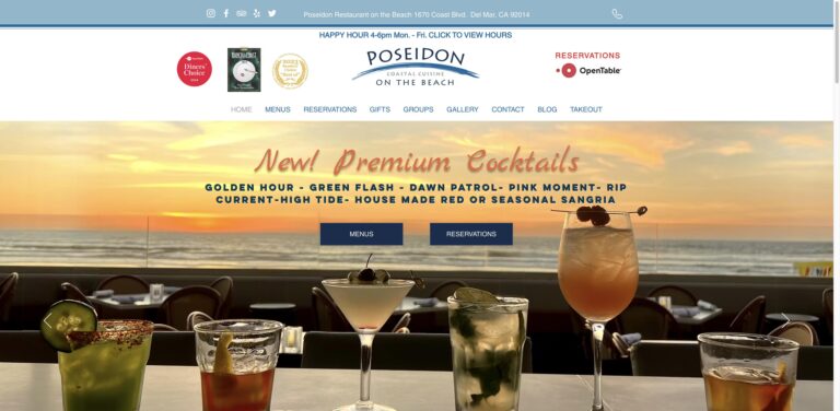 Website screenshot of Poseidon Restaurant Del Mar - Seafood restaurants in 1670 Coast Blvd