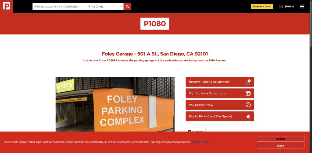 Website screenshot of Premium Parking - P1080 - Parking Facilities in 501 A St