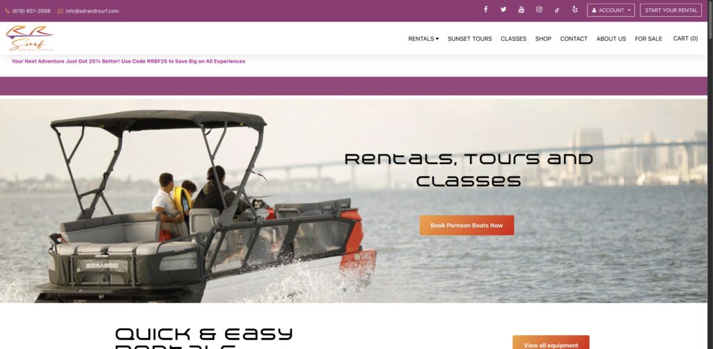Website screenshot of R&R Surf Rentals - Water sports rental companies in 606 Marina Pkwy