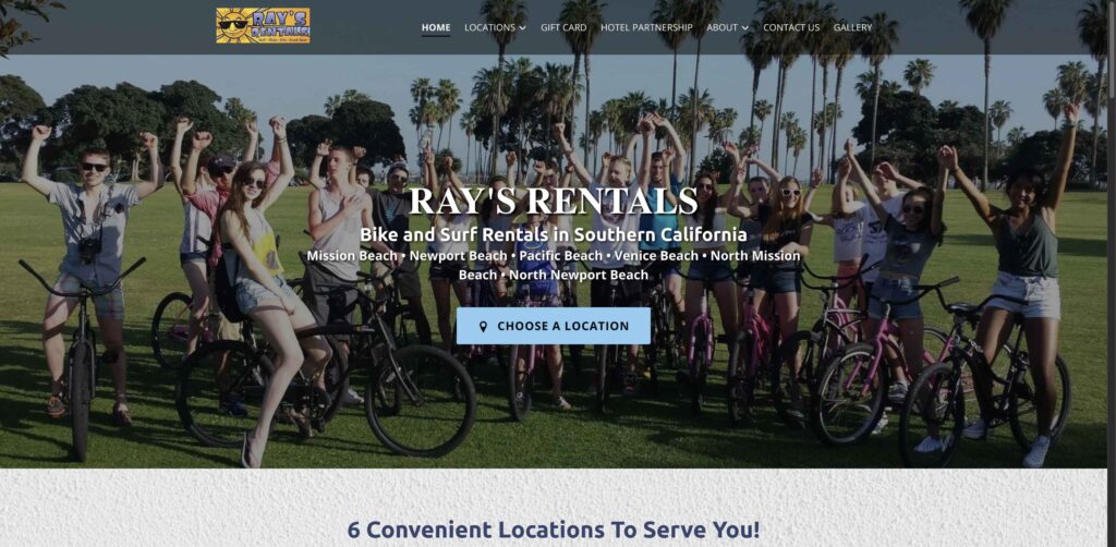 Website screenshot of Ray's Rentals Pacific Beach - Bike and beach equipment rentals in 4655 Mission Blvd