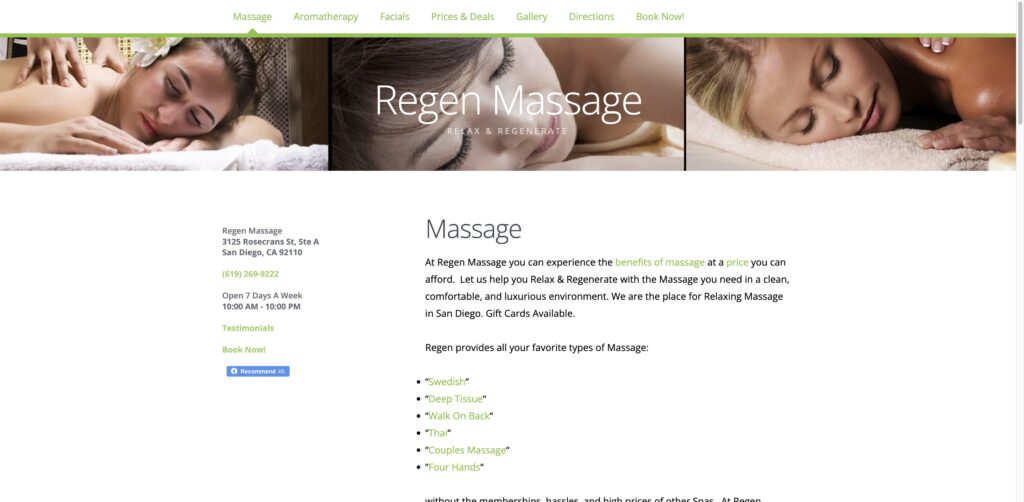 Website screenshot of Regen Massage - Massage and wellness centers in 3125 Rosecrans St A