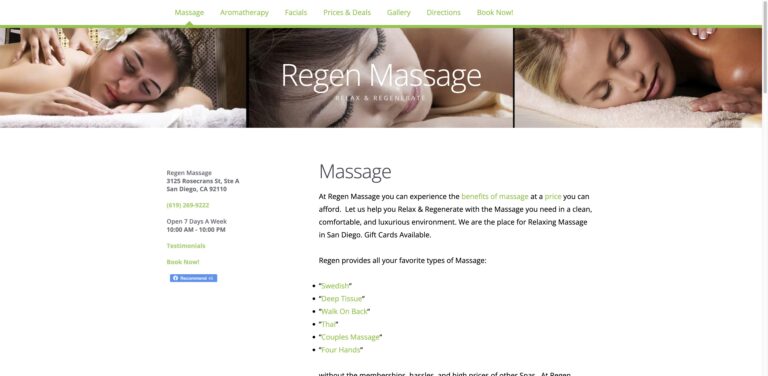 Website screenshot of Regen Massage - Massage and wellness centers in 3125 Rosecrans St A