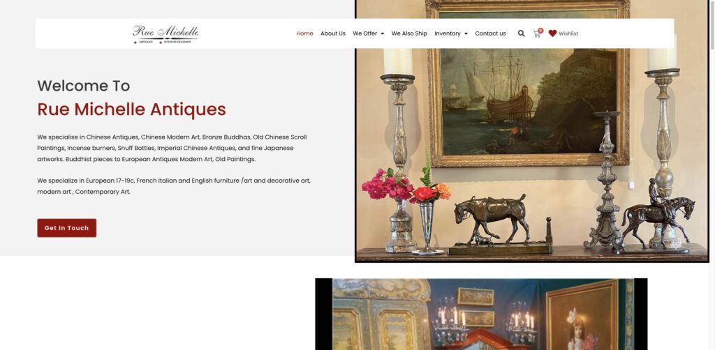 Website screenshot of Rue michelle antiques - Antique and vintage stores in 1302 Beryl St