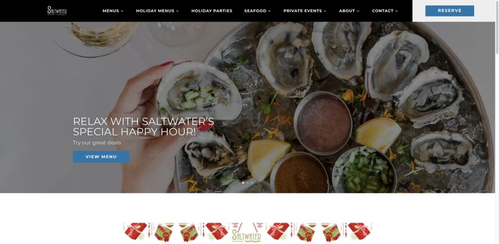 Website screenshot of Saltwater Seafood & Steak - Seafood restaurants in 565 Fifth Ave