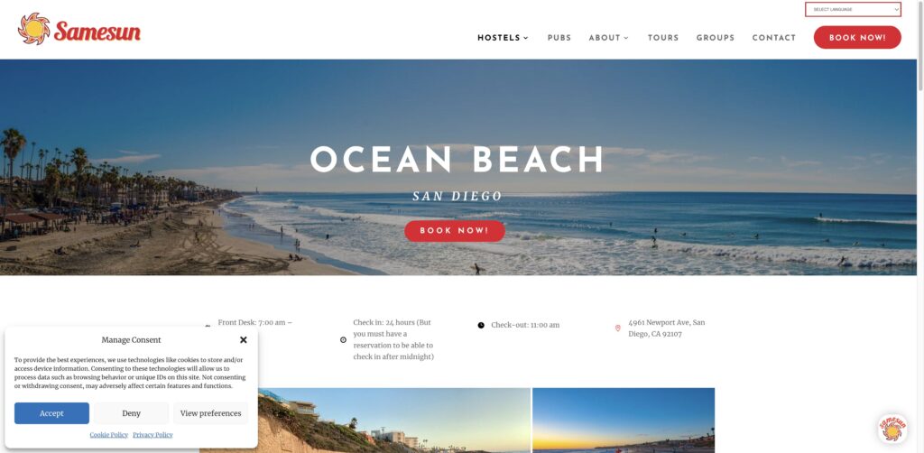 Website screenshot of Samesun Ocean Beach - San Diego - hostels in 4961 Newport Ave