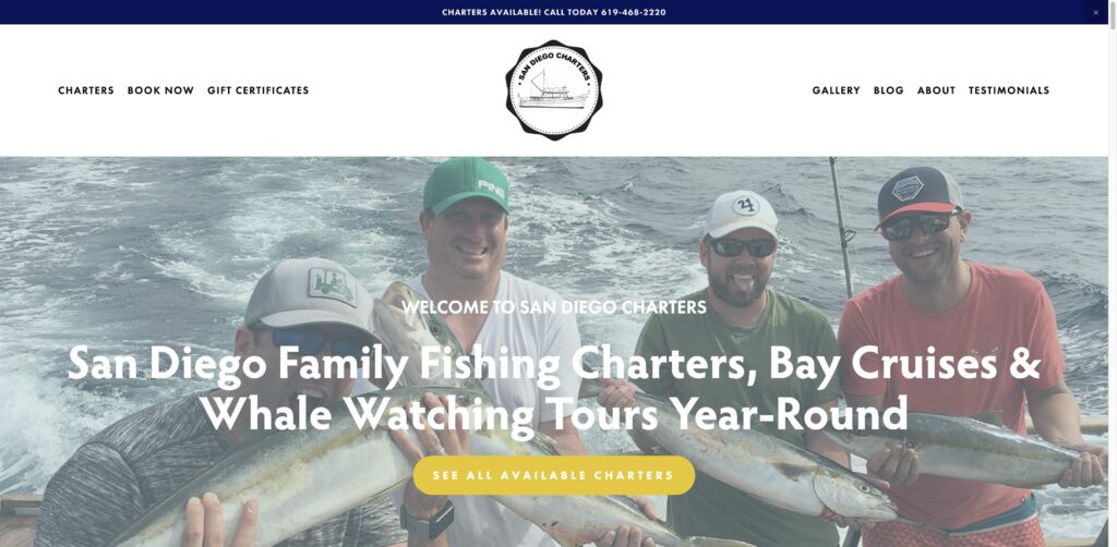 Website screenshot of San Diego Charters - Fishing charters in 955 Harbor Island Dr Suite 100