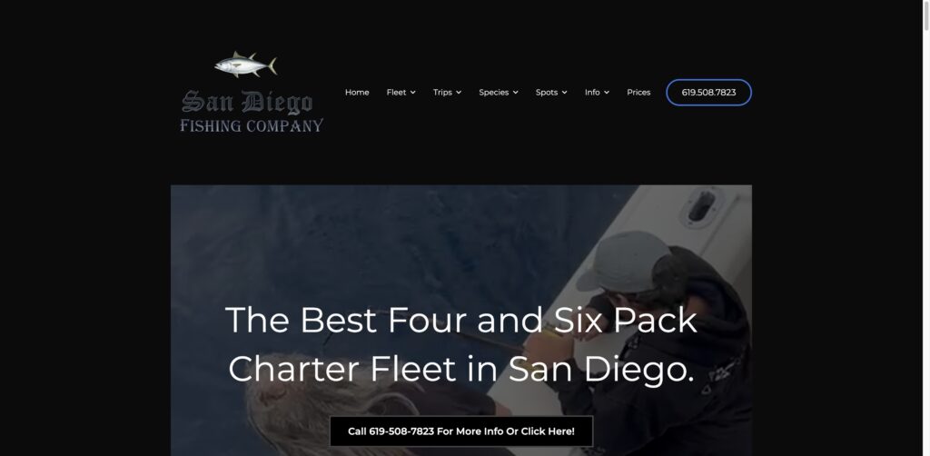 Website screenshot of San Diego Fishing Company - Fishing charters in 3802 Rosecrans St #333