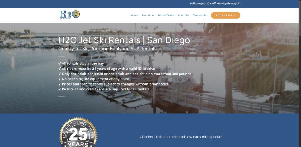 Website screenshot of San Diego H2O Jet Ski Rentals - Water sports rental companies in 1617 Quivira Rd