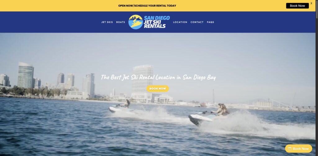 Website screenshot of San Diego Jet Ski and Boat Rentals - Water sports rental companies in 1201 1st St