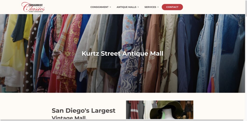 Website screenshot of San Diego's Largest Vintage and Antique Mall - Antique and vintage stores in 3602 Kurtz St