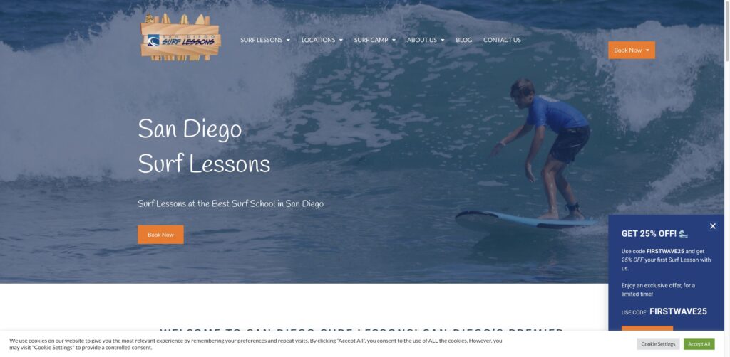 Website screenshot of San Diego Surf Lessons - Surf schools and instructors in 4121 Mission Blvd
