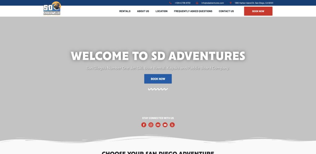 Website screenshot of SD Adventures - Jet Ski Rental & Boat Rental San Diego - Water sports rental companies in 1380 Harbor Island Dr