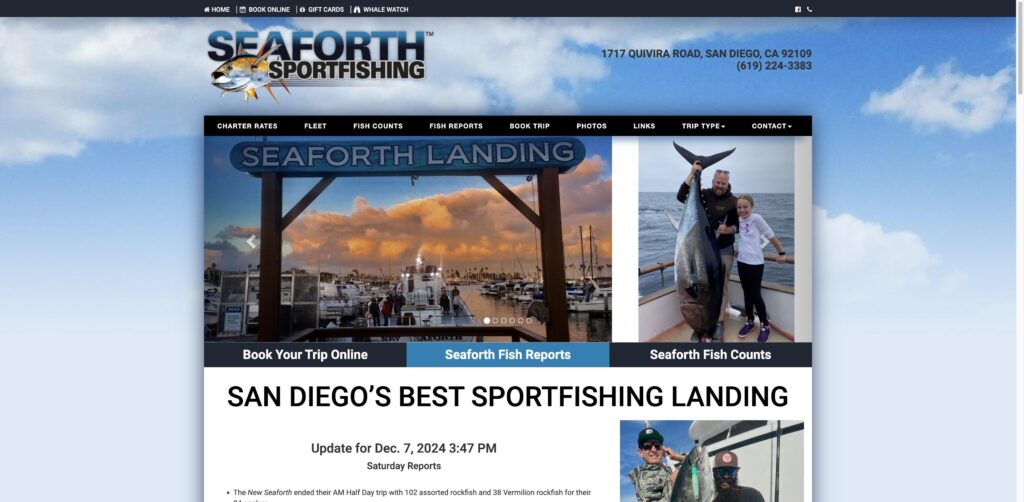 Website screenshot of Seaforth Sportfishing - Fishing charters in 1717 Quivira Rd